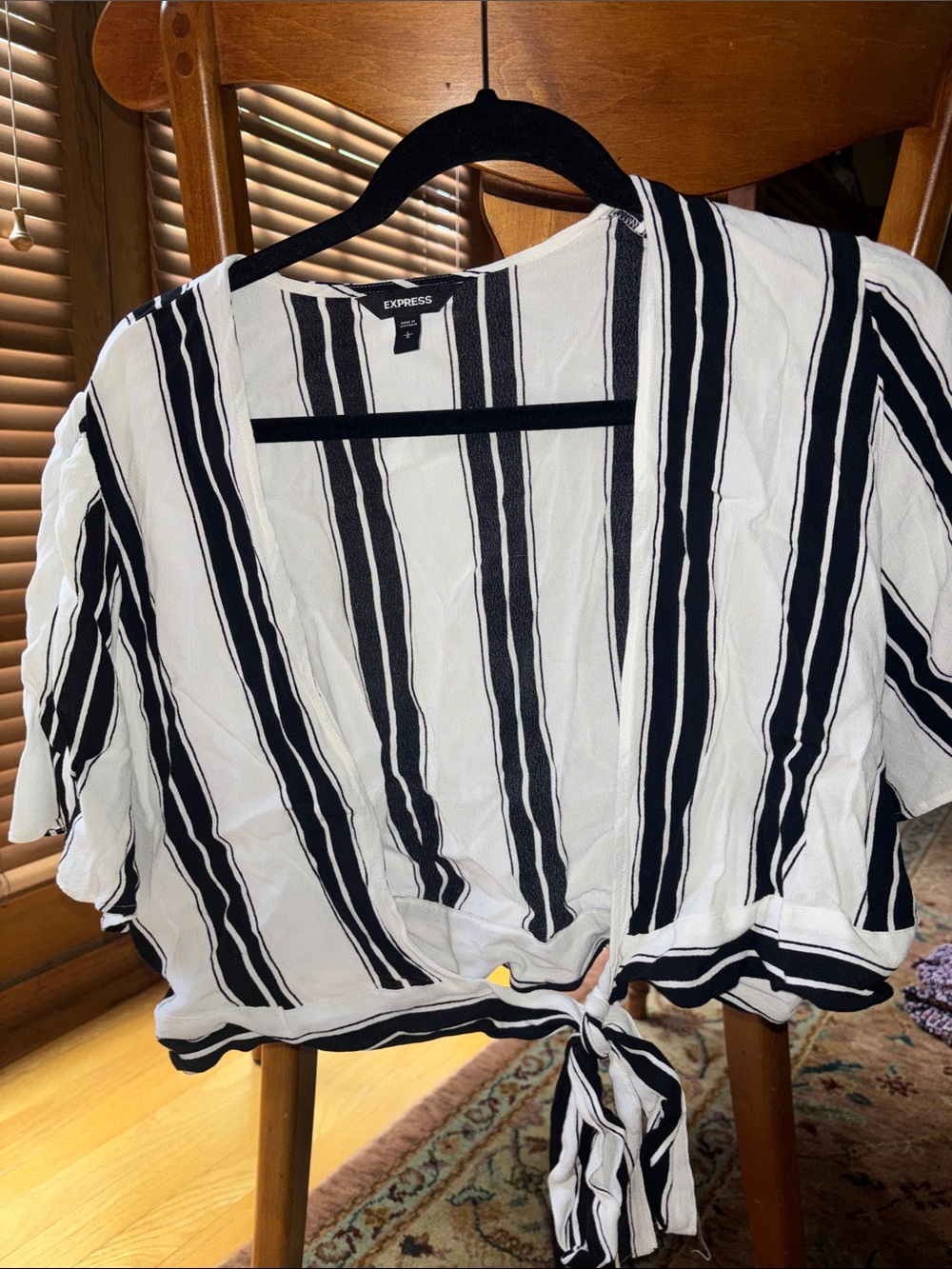 Express Black and White Vertical Stripe Tie-Front Crop Top